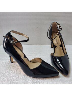 Adrienne Vittadini Black Patent Leather Heels Size 6 Pointed Toe Ankle Strap